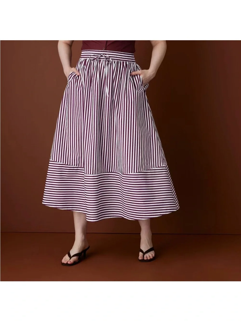 Women Drawstring Poplin Striped Full Midi Skirt - Rosie Assoulin Burgundy